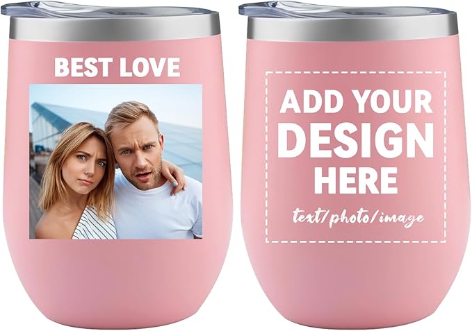 MEWAY Personalized Custom 12oz Wine Tumbler with Lid, Insulated Double Wall Vacuum Travel Tumbler Gifts with Text Photo Logo (Pink, 1pack)