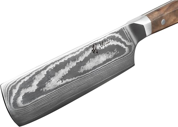 Wakoli HIK Damascus Nakiri Knife – Full Tang Vegetable Knife | 7-Inch Blade Made of 67-Layer Damascus Steel with VG10 Core | Walnut Wood Handle | Sharp, Durable, Gift Box Included