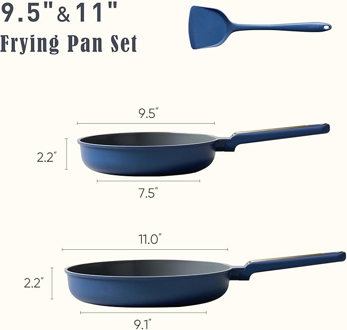 CAROTE 9.5'' and 11'' Nonstick Ceramic Frying Pan Skillet, Non Stick Skillet with Heat Resistant Handle, Healthy & PFOA/PFAS Free, Induction-Compatible,Dishwasher Safe & Includes Silicone spatula,Blue