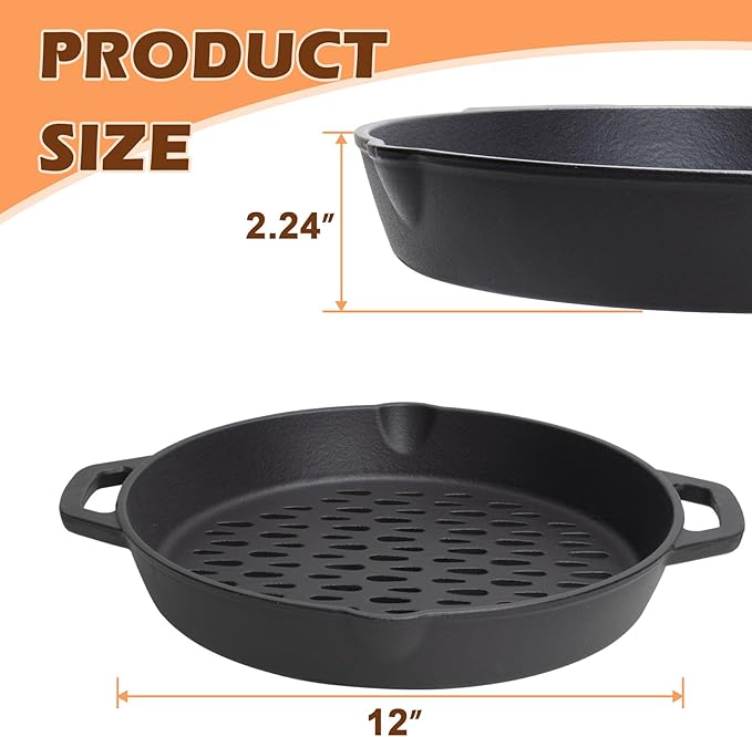 Round Cast Iron Grill Baskets for all Charcoal Smoker and Gas Grills,12 Inch Nonstick Cast Iron Grill Pan Tray Could Cooking Veggie Meat Fish -Dual Handle Grill Basket for All Outdoor Grills