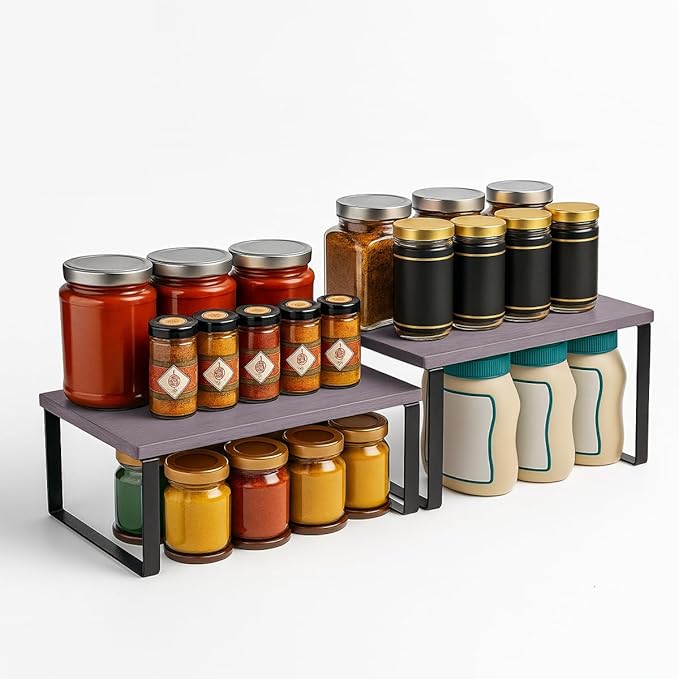 Sben Cabinet Organizer Shelf, Set of 2 Kitchen Counter Shelves, Kitchen Storage, Spice Rack, Stackable, Expandable, Metal and Engineered Wood, Ink Black and Brown Surface