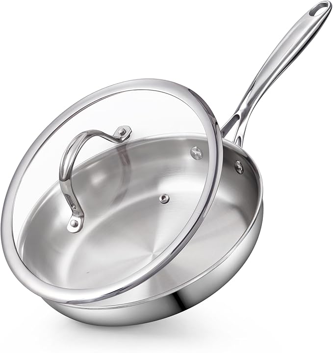 Cooks Standard Stainless Steel Frying Pan with Lid, 10-Inch Multi-Ply Clad Wok Stir Fry Pan, Kitchen Skillet, Silver