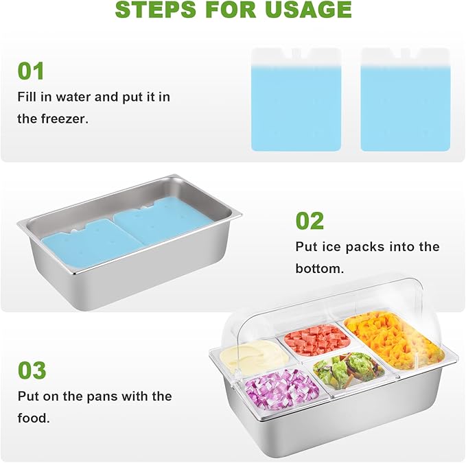 Cold Food Buffet Server 5 Pans (4 Pans×1.6Qt & 1 Pan×4QT) with Ice Packs for Salad Pizza Sauce Colded Serving Trays Condiments Containers for Parties Buffet