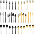 Alata Cube Mixed Black & Gold 40-Piece Forged Silverware Set Stainless Steel Flatware Set,Service for 8,Matte Satin Polished Cutlery Set,Dishwasher Safe