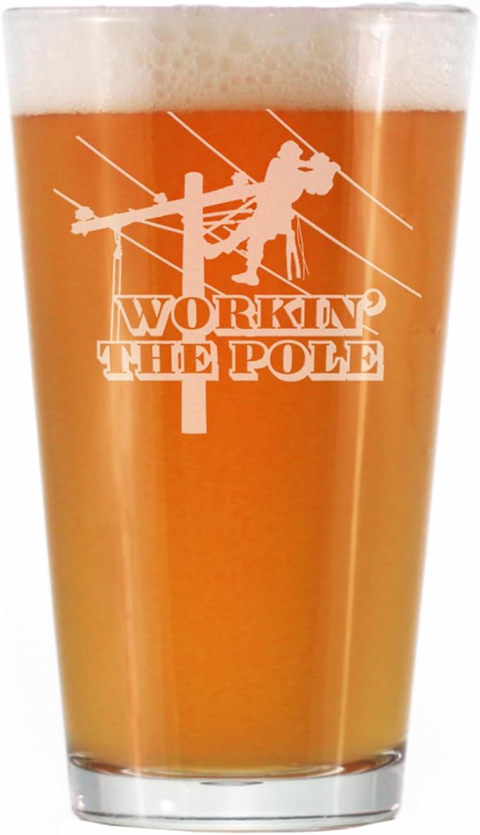 Bevvee Workin' the Pole - Lineman Electrician Pint Glass - Funny Electrician Gifts for Electricians - 16 Oz Pint Glasses