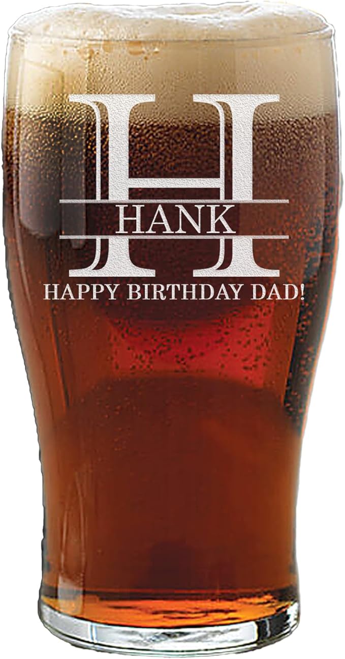 Personalized Fathers Day Etched 20oz Pub Pint Glass – Beer Gifts for men, Custom Dad Engraved Drinking Glasses, Customized Father Retirement, Birthday for Him, Groomsmen, Wedding, Halpert Monogram