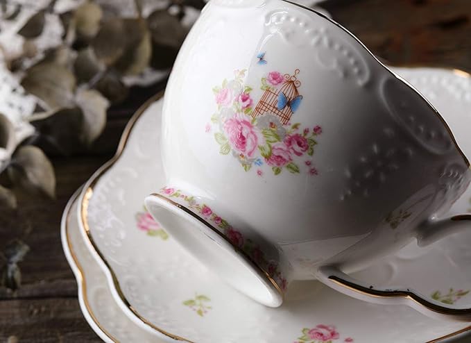 YBK Tech Strengthen Porcelain Coffee Pot Ceramic Teapot- Pink Rose (Teapot+ 2 sets of cup and saucer)
