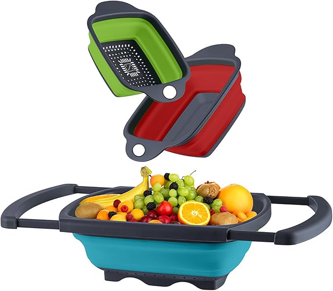 QiMH Collapsible Colanders Set of 3, 4 Quart Colander, 4 Quart Folding Basin, and 6 Quart(1.5 gal) Over the Sink Extendable Colander, Space-saving Silicone Kitchen Foldable Food Strainer