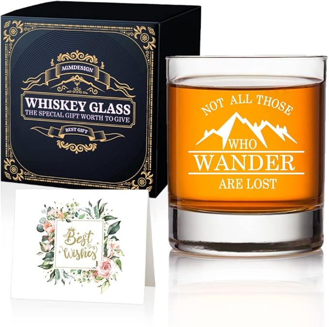 AGMdesign Funny Not All Those Who Wander are Lost Whiskey Glasses, Unique Gifts Idea for Outdoor Mountaineering Lovers, Funny Hiker Camper Gifts for Men Women Friends Hiking Camping Lovers Boyfriend