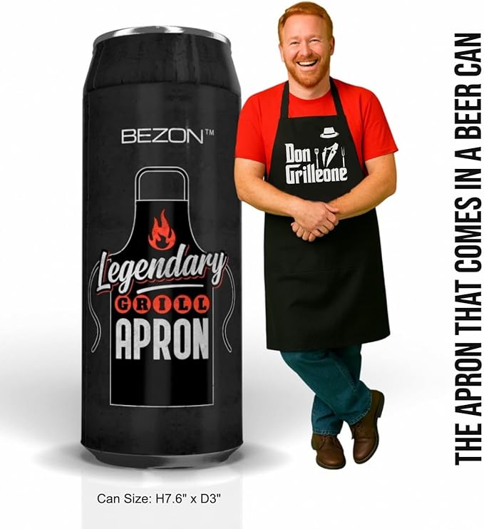 BEZON Funny Grill Apron for Men – Beer Can Gift Packaging – Hilarious BBQ Gift for Dad, Husband, or Friend – Heavy-Duty Water-Resistant Canvas – Don Grilleone