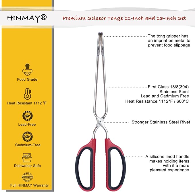 Stainless Steel Scissor Tongs 11-Inch and 13-Inch Set, Set of 2