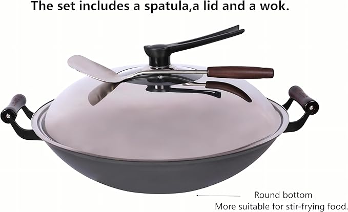 Chinese woks with a lid and a Spatula stir-fry pans deep fryer Cast Iron 18.11 Inches Round Bottom Pot Uncoated for Open Fire not easy to rust not easy to stick and durable for about 5-18 people