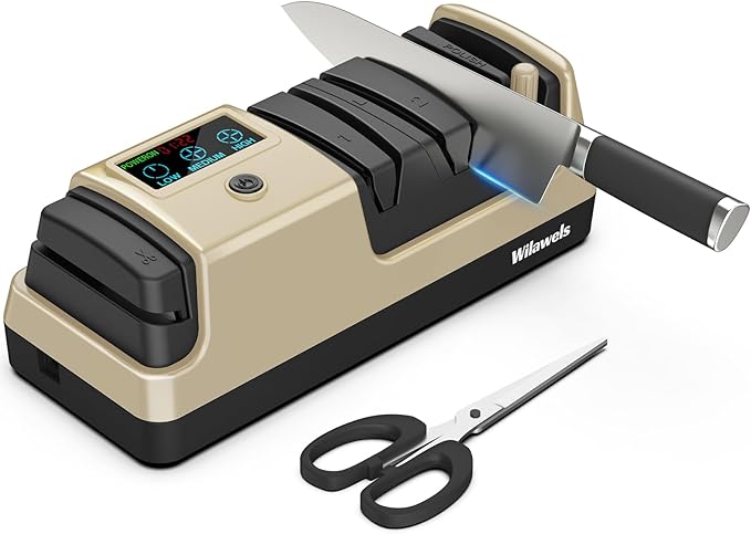Electric Knife Sharpener, 5-in-1 Scissor Sharpeners, 3 Rotational Speed Adjustable Electric Knife Sharpener for Straight/Serrated/Ceramic Knives, Scissors, Chef Knives, Axes, Gold G01KS06