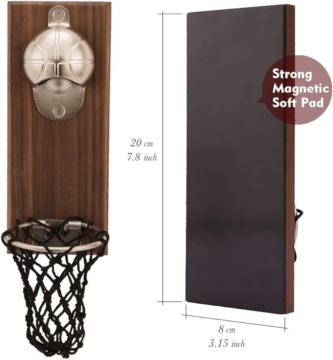 Magnetic Basketball Bottle Opener, Wooden Wall Mounted Opener with Cap Collector Catcher, Ideal Gift for Basketball and Beer Lovers, Use as Kitchen-Yard-Bar Decoration
