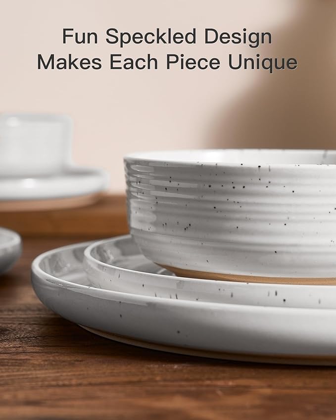Plates and Bowls Sets for 6, Famiware Premium 18-Piece Stoneware Dinnerware Set, Spiral Flared Dish Set with Speckles & Reactive Glaze - Microwave & Dishwasher Safe Tableware, White