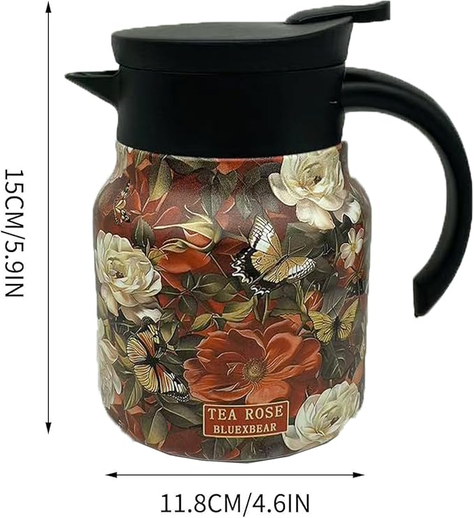 Vintage Floral Pattern Teapot, Doresty Tea Pot, Vintage Floral Pattern Tea-Built-In Infuser, Stainless Steel Thermal Carafe with Lid for Hot Drinks (Red, Plastic handle)