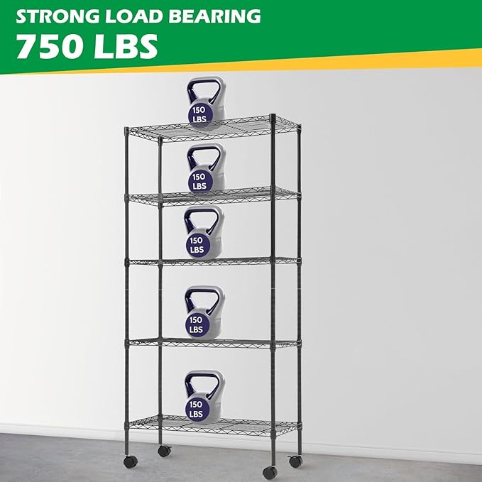 5-Shelf Adjustable Storage Shelf, Heavy Duty Storage Shelving Unit with Wheels, Standing Shelves Metal Organizer Wire Rack for Kitchen Bathroom Pantry, 30" L x 14" W x 60" H, Black