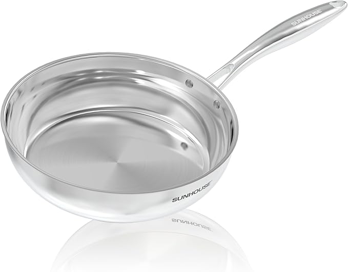 Sunhouse – 10 Inch / 26 cm Stainless Steel Frying Pan, Tri-Ply Stainless Steel Construction, PFOA-FREE, Stay-Cool Handle, Induction Compatible with All Cooktops, Dishwasher Safe