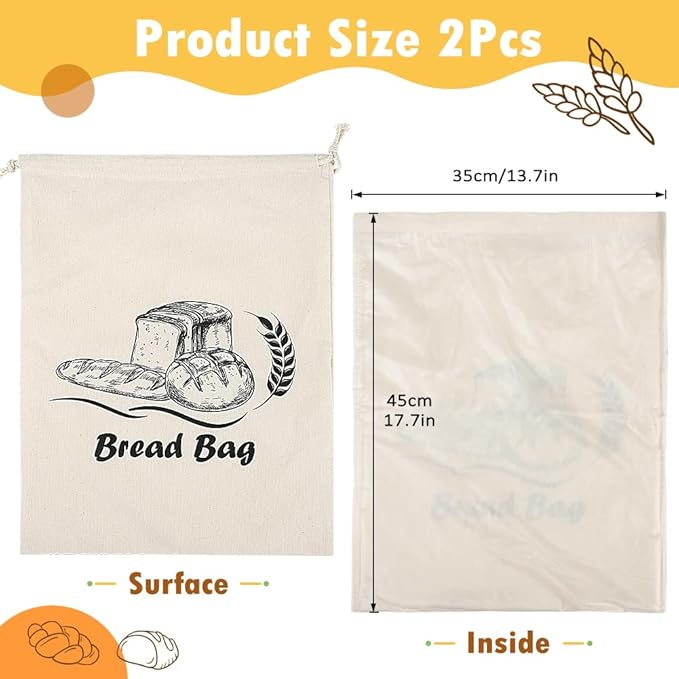 2pcs Large Bread Storage Bags Organic Cotton TPU Lined, 17.7"x13.7" Reusbale Freezer-Friendly Sourdough Bread Bags for Homemade Baguette, Baking Gifts