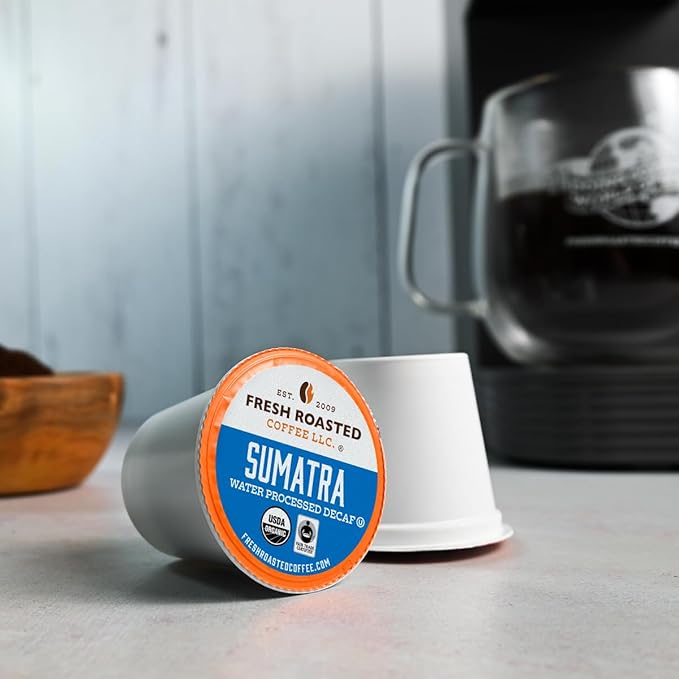 Fresh Roasted Coffee, Organic Sumatra Water-Processed Decaf | 100% Single Origin, USDA Organic, Kosher | Medium Roast K-Cup Compatible | 72 Pods