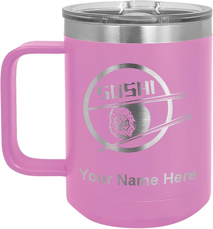 LaserGram 15oz Vacuum Insulated Coffee Mug, Sushi, Personalized Engraving Included (Light Purple)