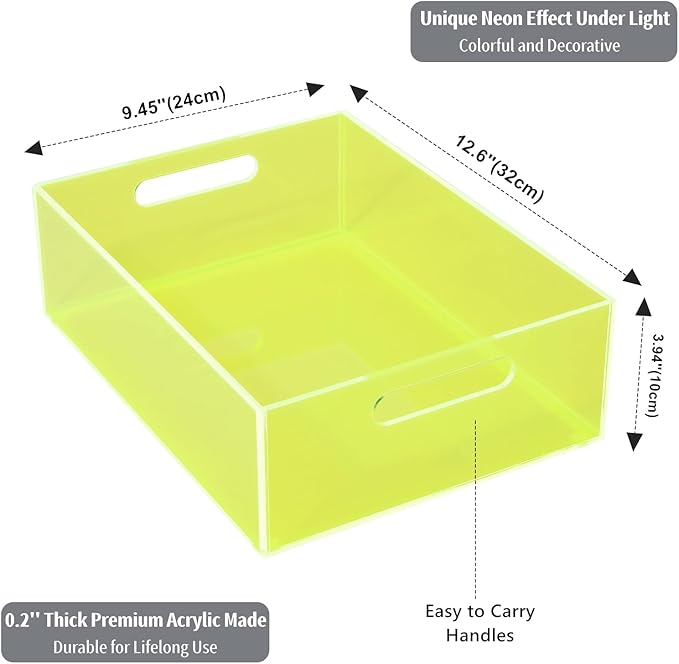 Acrylic Storage Bin Pantry Storage Container with Handles Kitchen Organizer Bin for Cabinet Cupboard Organization, Heavy Duty, 12.6 x 9.4 x 4'', Neon Green