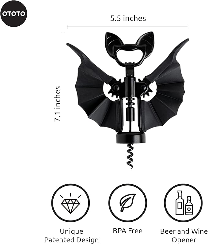 OTOTO Vino Spooky Bat 2-in-1 Wine & Beer Opener, Corkscrew & Bottle Opener - Goth Wine Accessories & Gifts for Wine Lovers