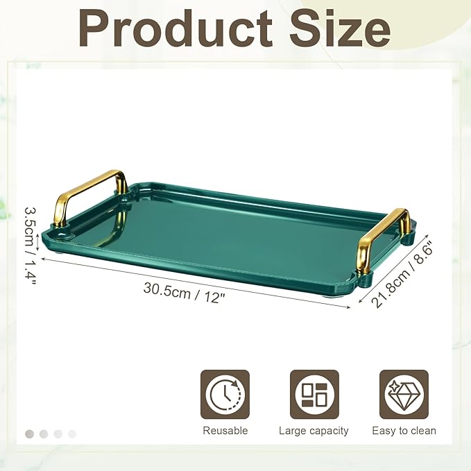 uxcell Plastic Serving Tray with Golden Handle, 12 x 8.6 Modern Rectangular Decorative Tray Acrylic Reusable Tea Platter for Countertop Bathroom Kitchen Home Restaurant, Dark Green