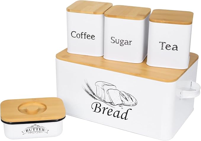 SOTECH Bread Box with 3pcs Jars Coffee Sugar Tea for Kitchen Countertop White Metal Bread Box with Bamboo Board Cover Pastry Storage Container Set Kitchen decor (bread box with jars and Butter Dish)