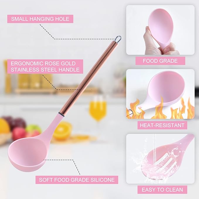 Kitchen Utensil Set with Holder, 22 Pcs Silicone Cooking Utensils Set for Nonstick Cookware, Heat Resistance Spatula Set, Stainless Steel Handle Kitchen Gadgets Utensils Set(Pink)