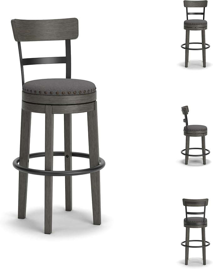 Signature Design by Ashley Caitbrook Casual Farmhouse Tall Upholstered Swivel Barstool, Nailhead Trim, Solid Wood, 30" H, Gray