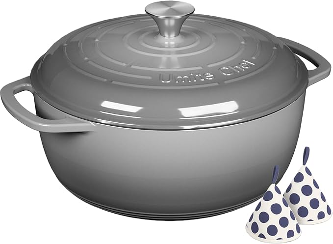Enameled Cast Iron Dutch Oven - Umite Chef 6QT Pot with Lid & Cotton Potholders - Dual Handles -Versatile Heavy Duty Cookware for Bread Baking，Braising, Stews, Roasting（Grey）