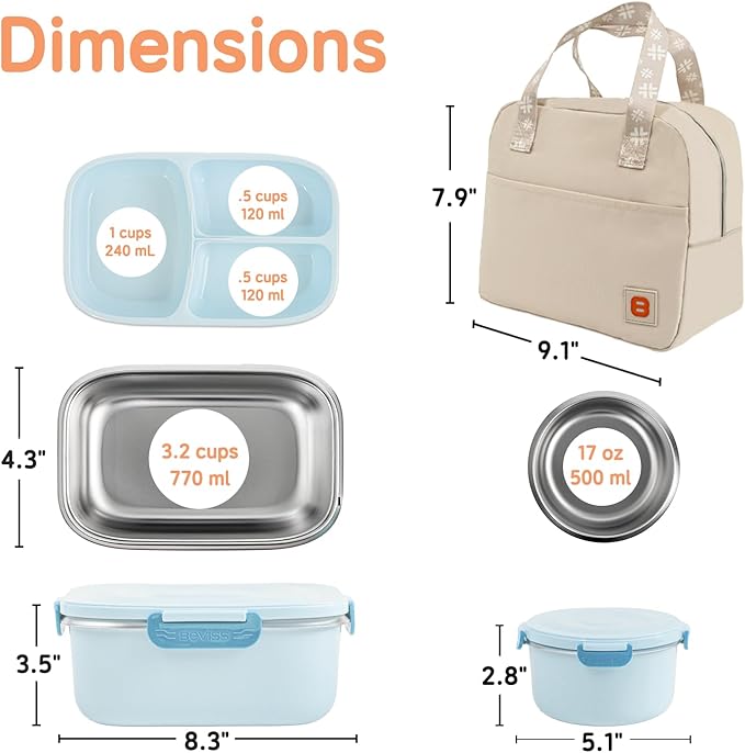 Insulated Bento Box with Thermo, 18/8 Stainless Steel Lunch Box, Bento Box for Adults and Kids with PP5 Containers, Food Containers with Bag for Office or School, Blue