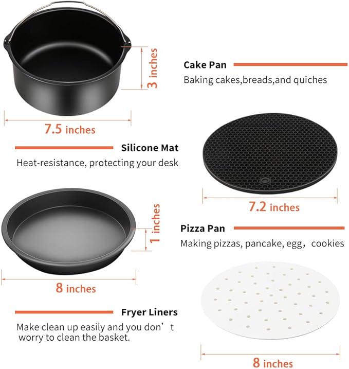 Air Fryer Accessories 11PCS, Fit all 3.7QT-4.0-5.8QT Power Deep Hot Air Fryer with Cake Barrel, Pizza Pan