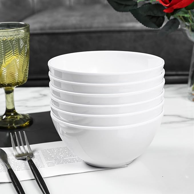 Melamine Cereal Bowls - 28oz White Melamine Bowls,6Pcs Soup Bowls Set for Kitchen,Unbreakable,Dishwasher Safe