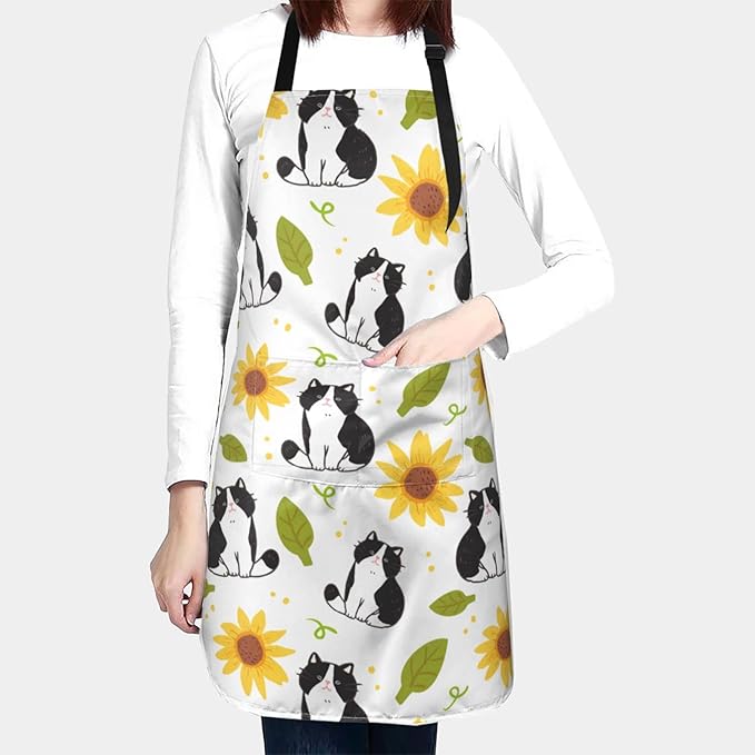 Cat and Dogs Animals Adjustable Bib Neck Chef Aprons, Kitchen Bbq Waterproof Apron with 2 Pockets For Mom Dad