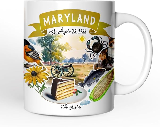 OrnamentallyYou State Travel Landmark Mugs – 12 oz Ceramic Coffee Cups, U.S. Souvenir Gift for Tourists (Artistic Maryland State Themes and Landmarks Mug)