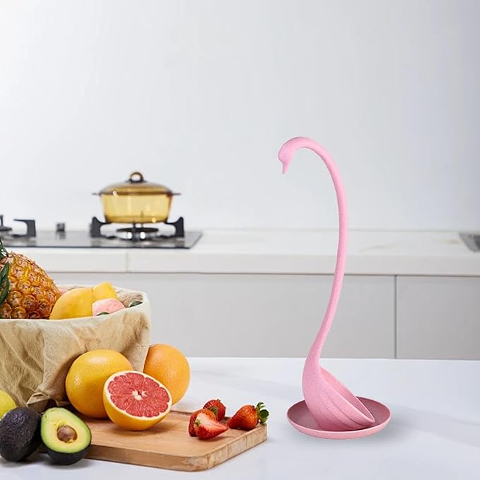 Swan Shaped Soup Ladle, Practical PP Material Long Handle Soup Spoon with Tray Lightweight Large Capacity Swan Shaped Soup Ladle for Home Kitchen (Pink)