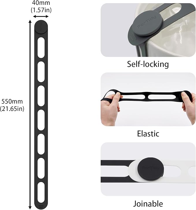 FORTIDY Silicone Utility Strap for Slow Cooker Lid, Pot, Bento Box, 21.65 In Reusable Elastic Self-Lock Silicone Tie for Bundling or Organizing Curtain, Cord, Yoga Mat, Camping Mat, 2pcs (Black&White)