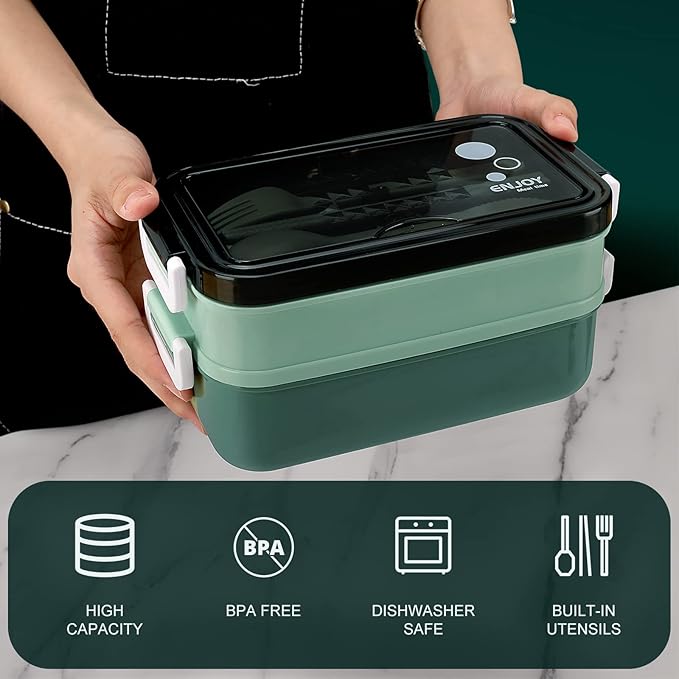 Adult Bento Lunch Box Kit, Bento Boxes Portable Lunch Box, Adult Bento Box with Lunch Bag, Bento Lunch Containers for Women, 1200ml Large Capacity Lunchbox BPA-Free(Green Metal)