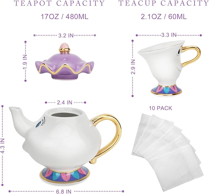 LEEPENK Cartoon Mrs Potts Teapot Beauty and Beast Teapot & Mug Chip Tea Set Cute Tea Cup Ideal Gifts for Girl and Home Decorationl