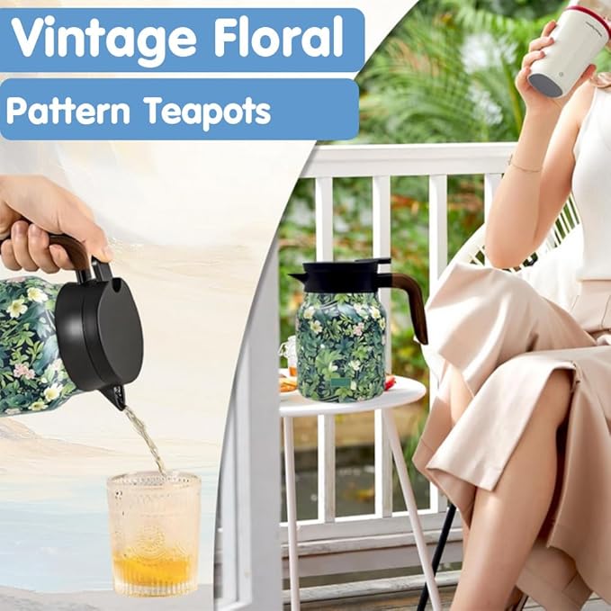 Vintage Floral Pattern Tea Pots – Built-in Infuser,Vintage Floral Teapot with Built In Infuser Stainless Steel Thermal Carafe with Lid for Hot Drinks,Brown(Wooden handle,35oz)