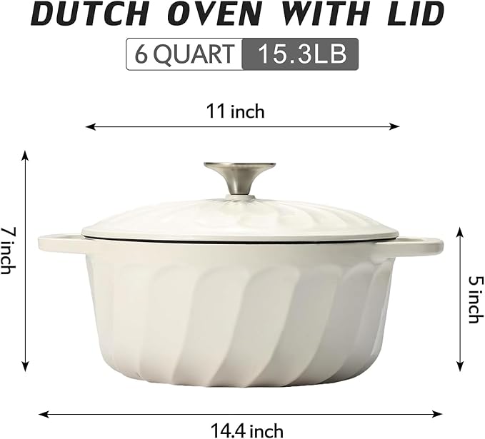 Enameled Cast Iron Dutch Oven with Lid, 6 QT Cast Iron Dutch Oven Pot, Dual Handles for Bread Baking, Cook, Bake, Oven Safe across All Cooktops (White,6 QT)