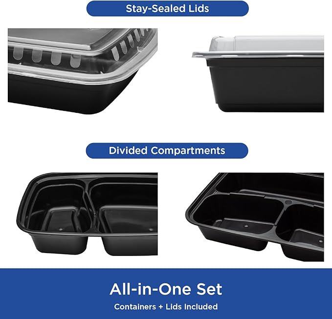 Karat Meal Prep Containers [30 oz - 150 ct] 2-Compartment, Reusable & Disposable Take Out Containers with Lids - Microwave & Dishwasher Safe Bento Boxes
