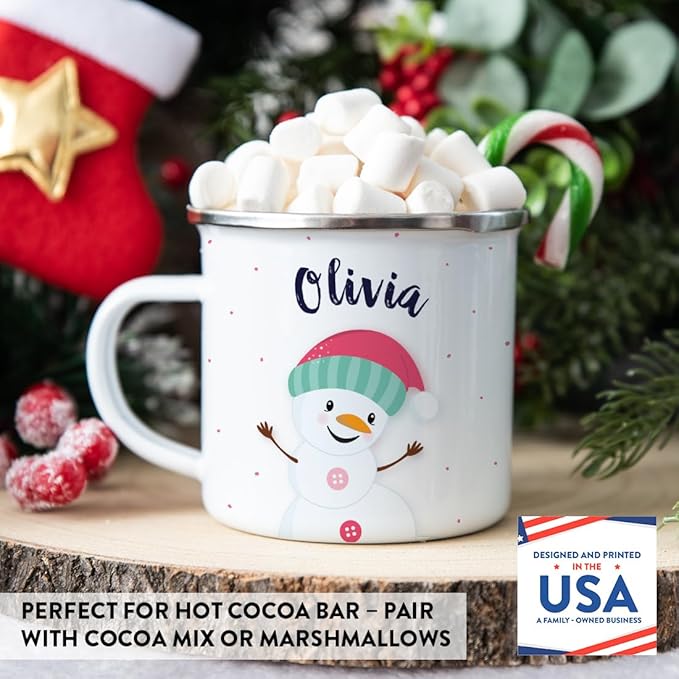 Andaz Press Personalized Name 11oz. Kids Christmas Hot Chocolate Stainless Steel Campfire Coffee Mug, Charming Snowman Pink Aqua Hat Hello, 1-Pack, Custom Birthday Xmas Cup Kids Hot Chocolate Mug