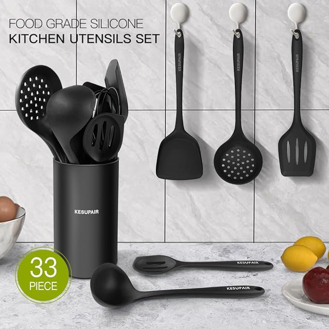 Kitchen Utensils Set - 446°F Heat Resistant Silicone Cooking Utensils Set-Kitchen Tools and Gadgets for Cooking Nonstick Cookware with Tongs,Turner,Spatula,Spoon,Brush,Peeler,Grater,Scissors(Black)