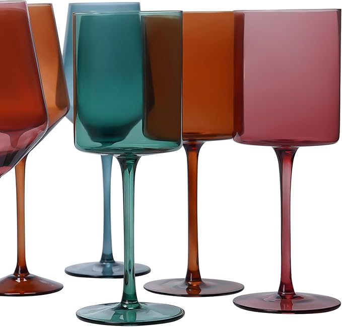 Colored Wine Glasses Set of 4-16oz Cylindrical All Purpose Wine Glass, Crystal Wine Glass Set in Gift Packaging, Great Gift for Wedding, Anniversary, Christmas, Birthday, 9’’ Tall, Long Stem