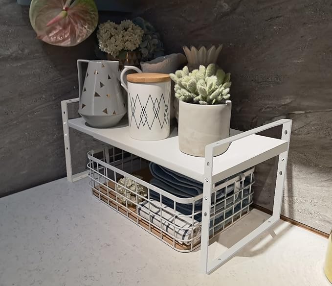 Expandable Stackable Spice Rack Cabinet Shelf Organizer in Cabinets Shelves Kitchen Cupboard Organization Stack up Racks Pantry Countertop Storage Medium/White 2 Packs