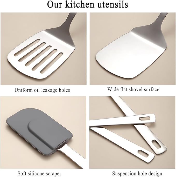 Berglander Stainless Steel Spatulas Set 3pcs, Metal Spatula Solid&Slotted&Flexible Turner, Heavy Duty Sturdy Kitchen Spatula, High Heat Resistant Cooking Utensils for Nonstick Cookware
