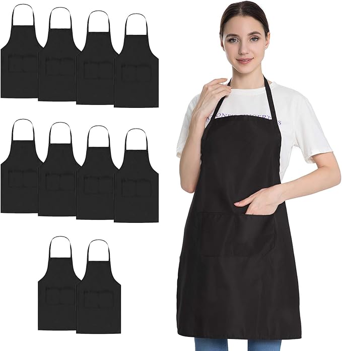 Black Apron with Pockets for Women Men Adult Chef, Set of 10 Bulk Kitchen Aprons for Cooking Baking Restaurant Painting DIY BBQ (10, Black)